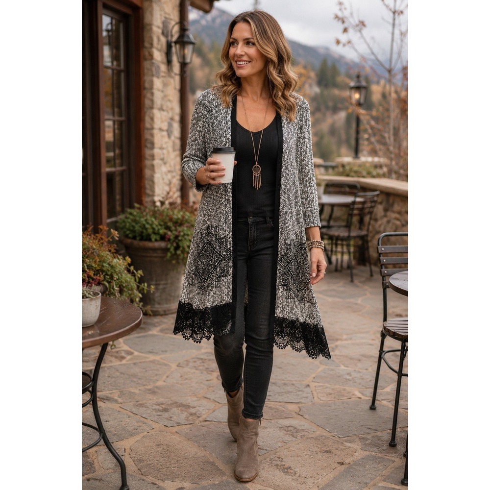Voice of California Be Vocal Lace Hem M Duster Cardigan Boho Boutique HH53